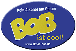 BOB Aufkleber mit dem Schriftzug: "Kein Alkohol am Steuer - BOB ist cool"