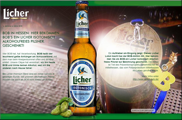 Die Licher Brauerei wirbt auf ihrer Homepage für die Aktion BOB - gegen Alkohol am Steuer