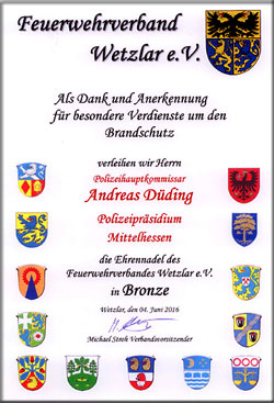 Die Urkunde für das BOB-Team Lahn-Dill vom Feuerwehrverband Wetzlar e. V.