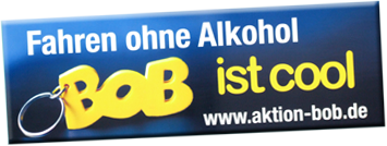 Aufkleber der Aktion BOB mit der Aufschrift -Fahren ohne Alkohol, BOB ist cool- und der Internetadresse: www.aktion-bob.de